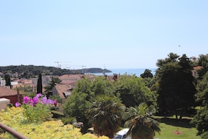 A residential area with a view of the sea, palm trees, and houses with red-tiled roofs.