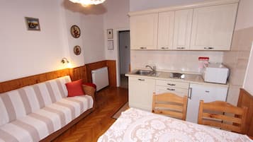 Apartamento, 1 habitación, balcón | Cocina privada | Frigorífico, placa de cocina, hervidor eléctrico y utensilios de cocina