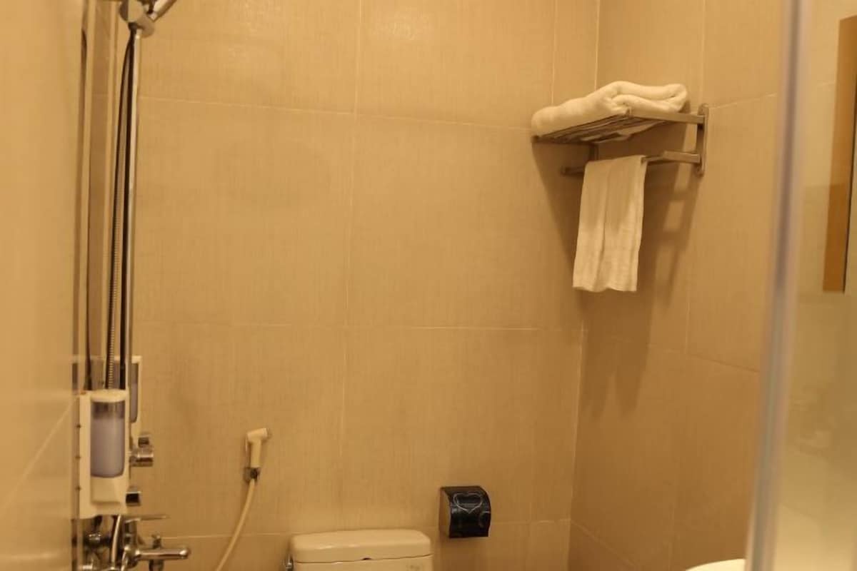 Une salle de bain équipée d’une douche, de toilettes et d’un porte-serviettes.