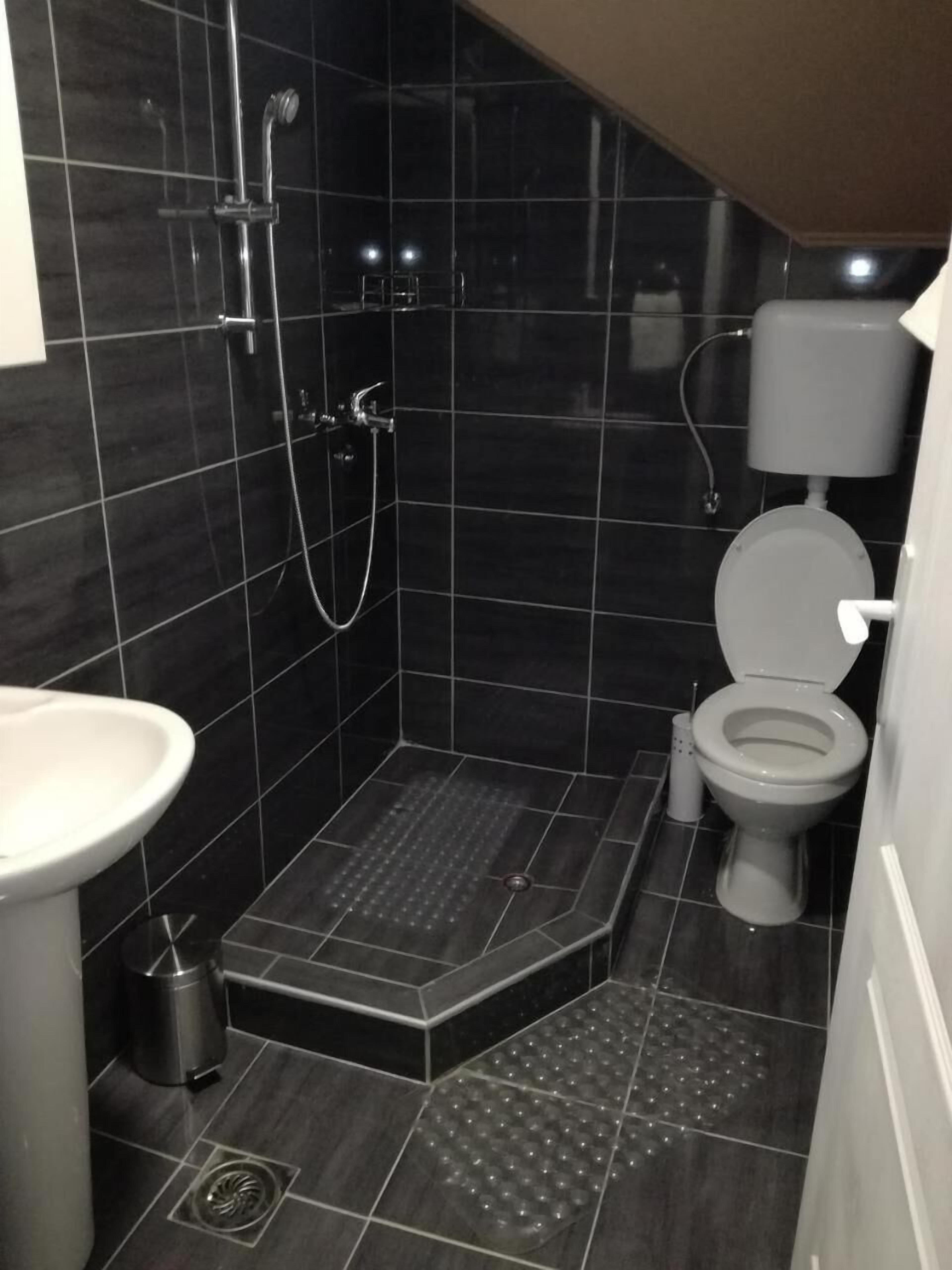 A bathroom with a shower, toilet, and sink.