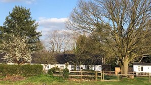 A rural property with a large tree, a white house, and a fenced yard. - Sheephouse Manor (Maidenhead)