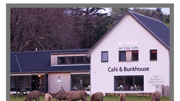 A building labeled 'An Cala Café' with a sign for 'Café & Bunkhouse Marine Centre Archive'. - An Cala Cafe and Bunkhouse - Hostel (Lochinver)