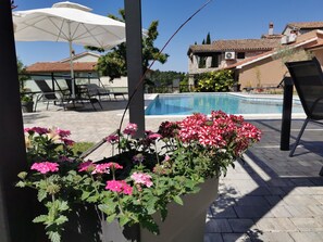 Zona de piscina con un gran macetero de flores rosas, sillas de descanso y una sombrilla blanca.