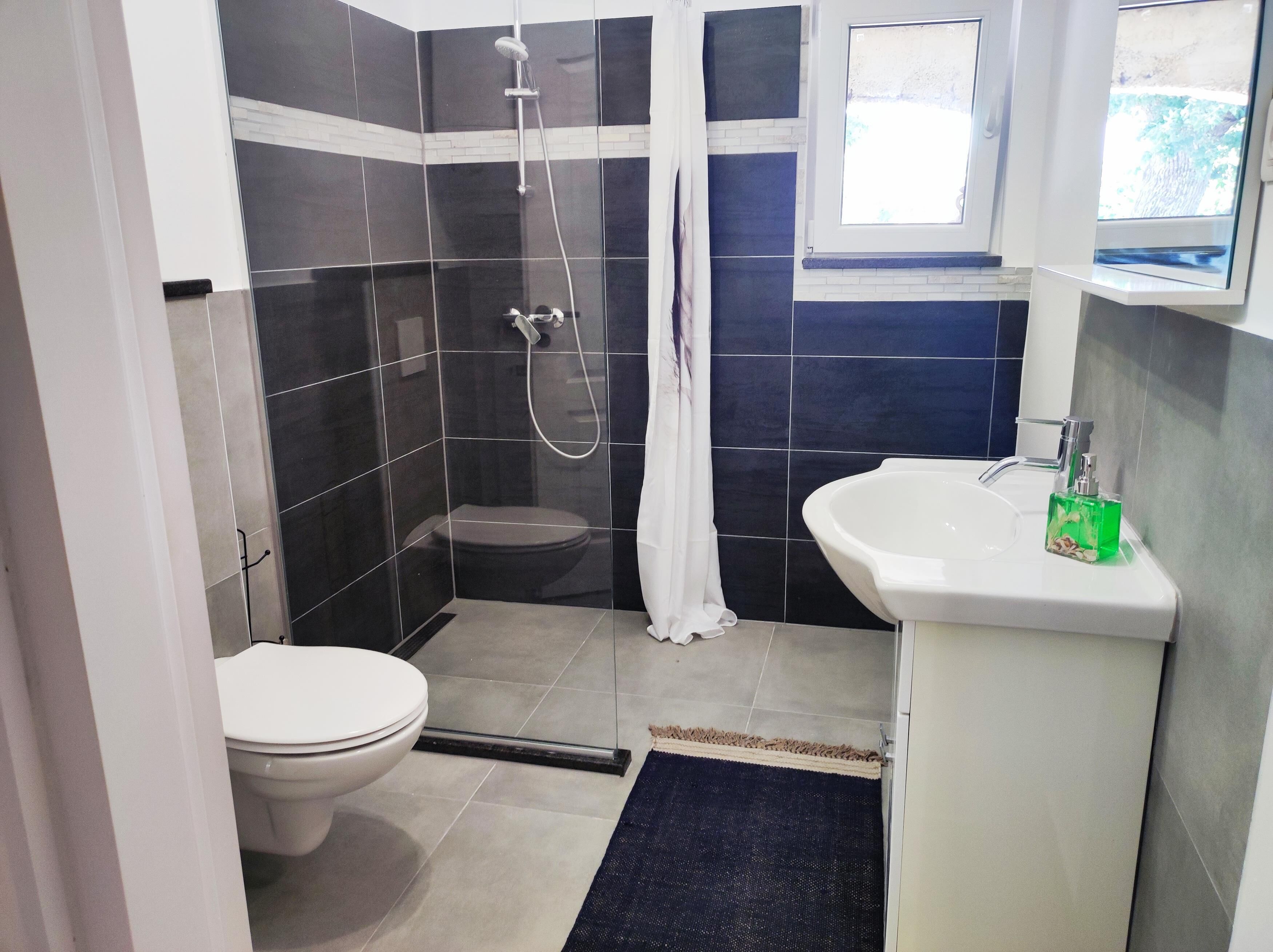 A bathroom with a shower, toilet, and sink.
