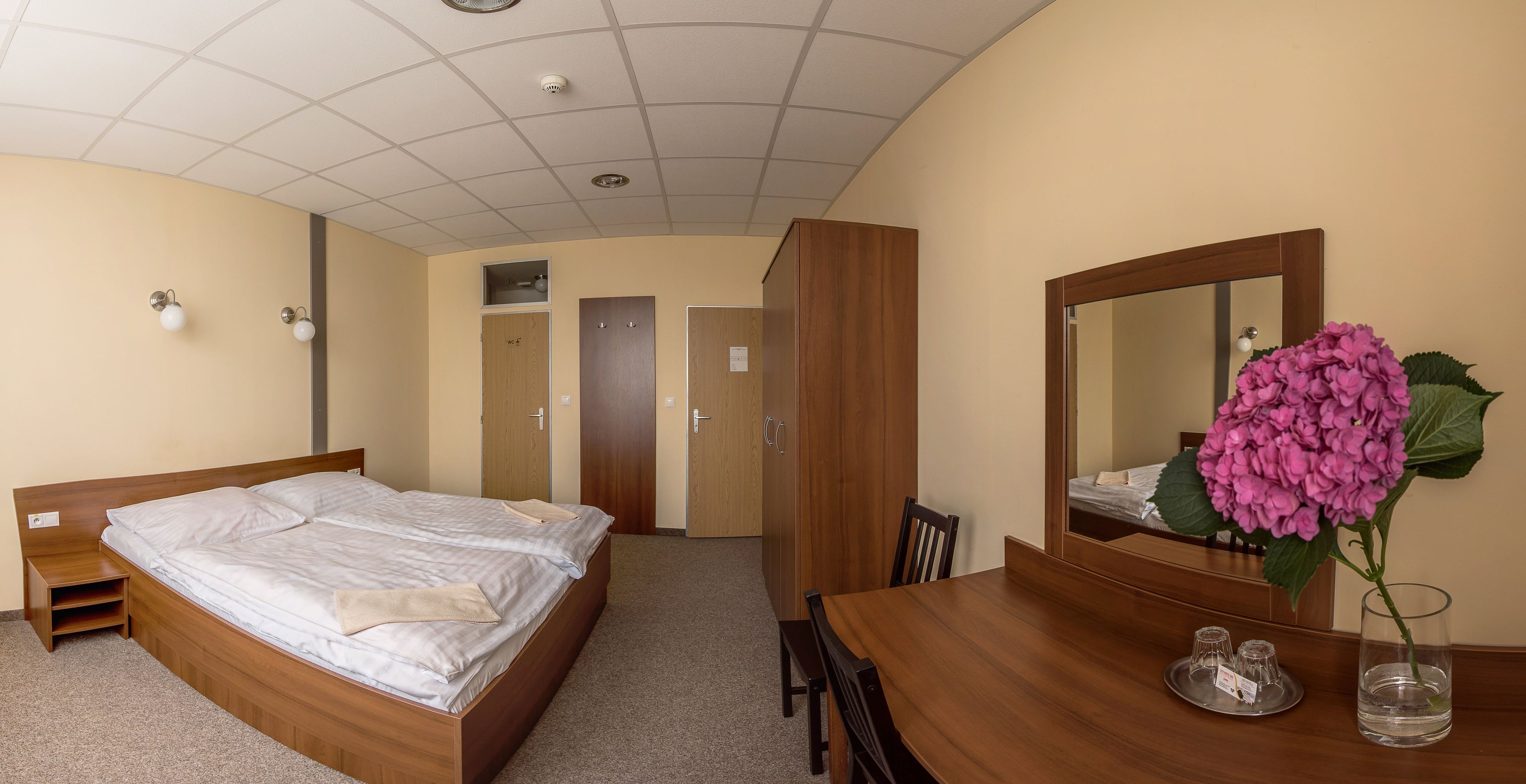 Une chambre d’hôtel avec un lit, un bureau en bois, une chaise, un miroir et une plante en pot.