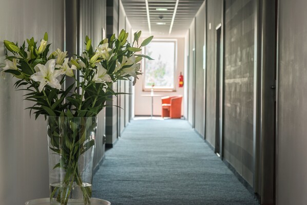 A hallway with a clear view of a room in the distance, a vase with white flowers, and a blue carpet. - CITY Hotel B&B (Banska Bystrica)