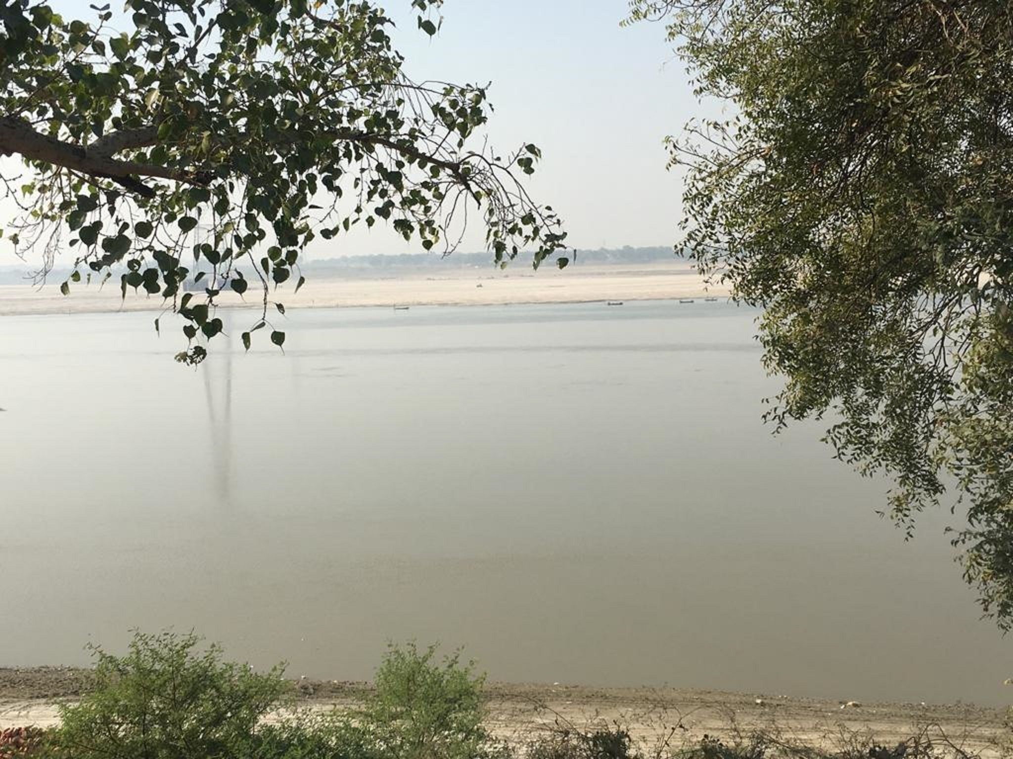 A calm river with trees on the banks.