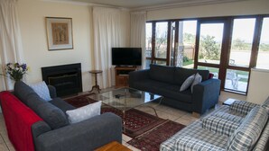 A living room with a fireplace, a television, and a large window with a view. - Villa 3 (Knysna)