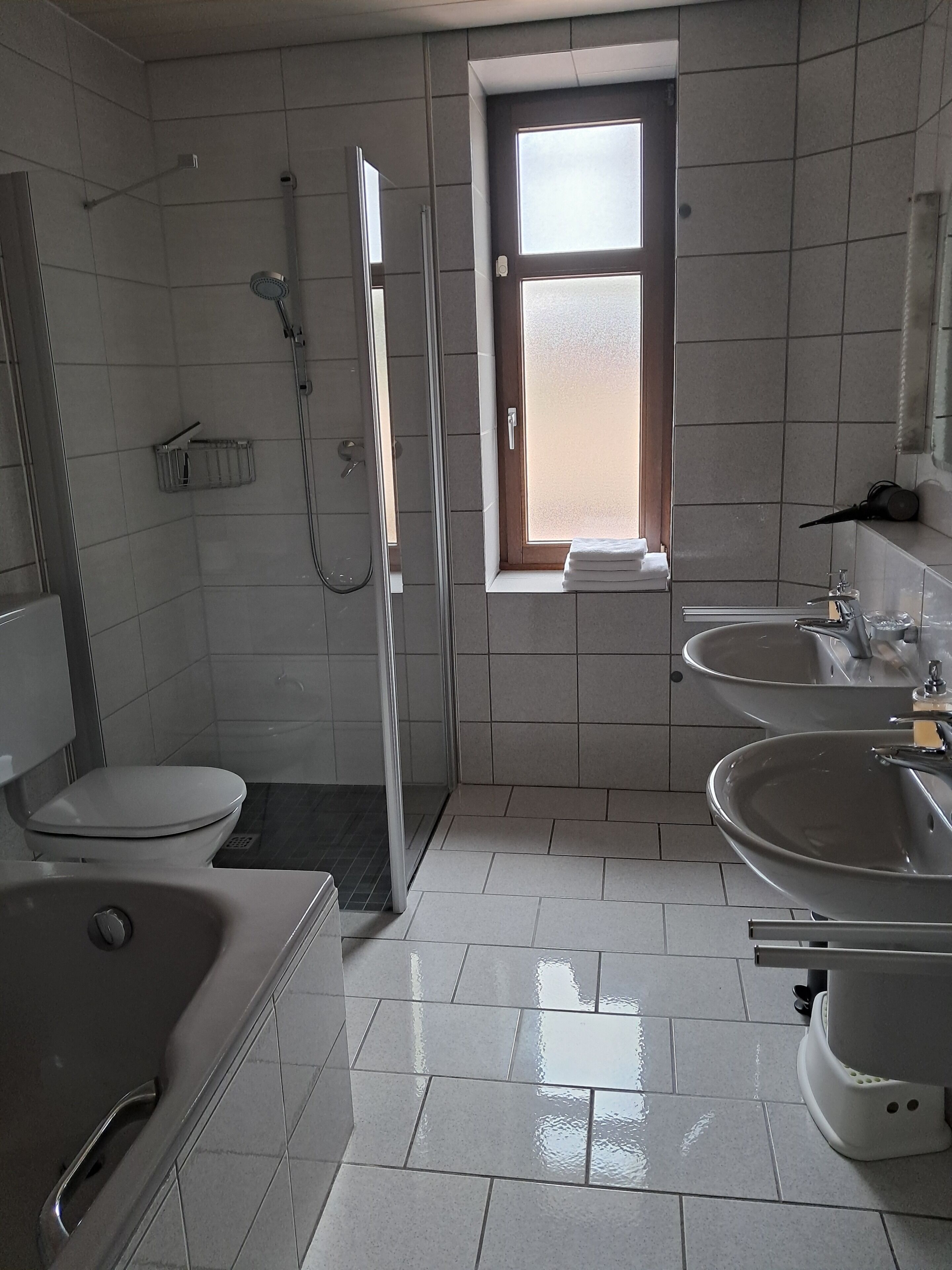Ein modernes Badezimmer mit Toilette, Dusche und zwei Waschbecken.