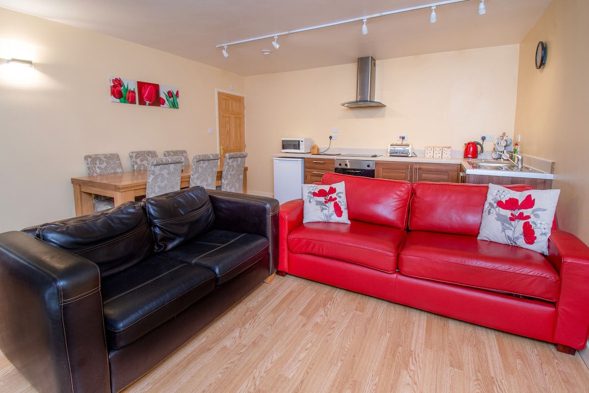 A living room with a black leather sofa and a red leather sofa, a wooden dining table with patterned chairs, and a kitchen area with a microwave, stove, and sink.
