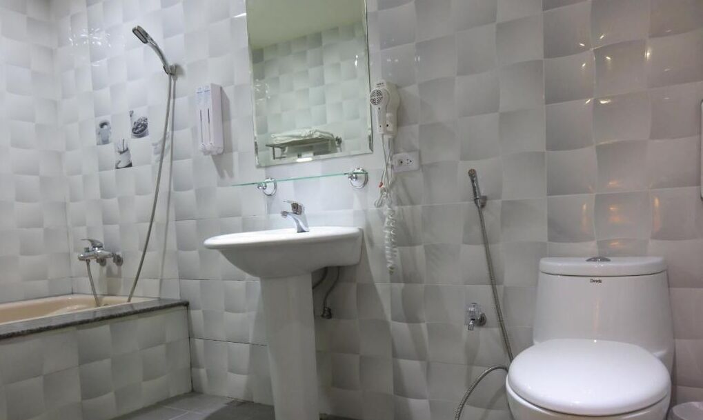Een badkamer met een wit wastafel, toilet en douche.