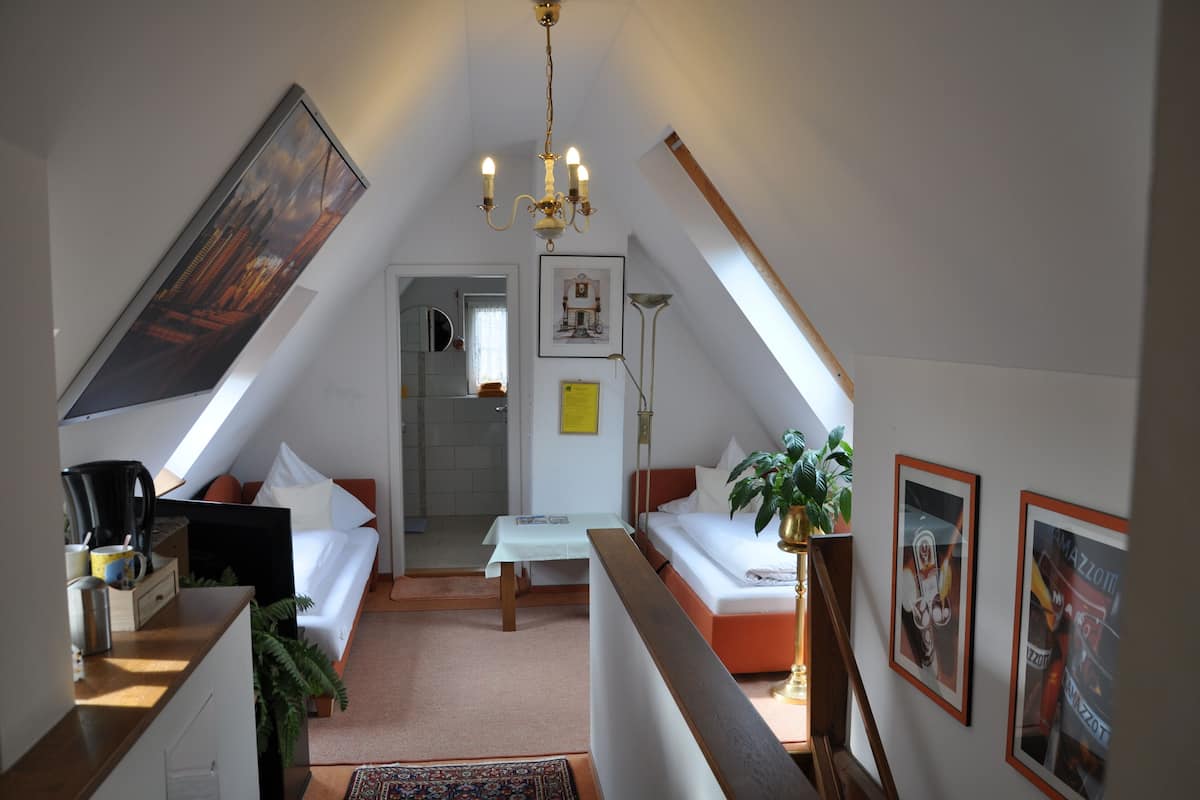 A compact, well-lit room with a sloped ceiling, a bed with white bedding, a small table, and a potted plant.