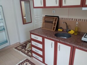 Standard Quadruple Room, Garden View | Private kitchen | Full-sized fridge, oven, stovetop, coffee/tea maker - Saglik Apart Pansiyon (Erdek)