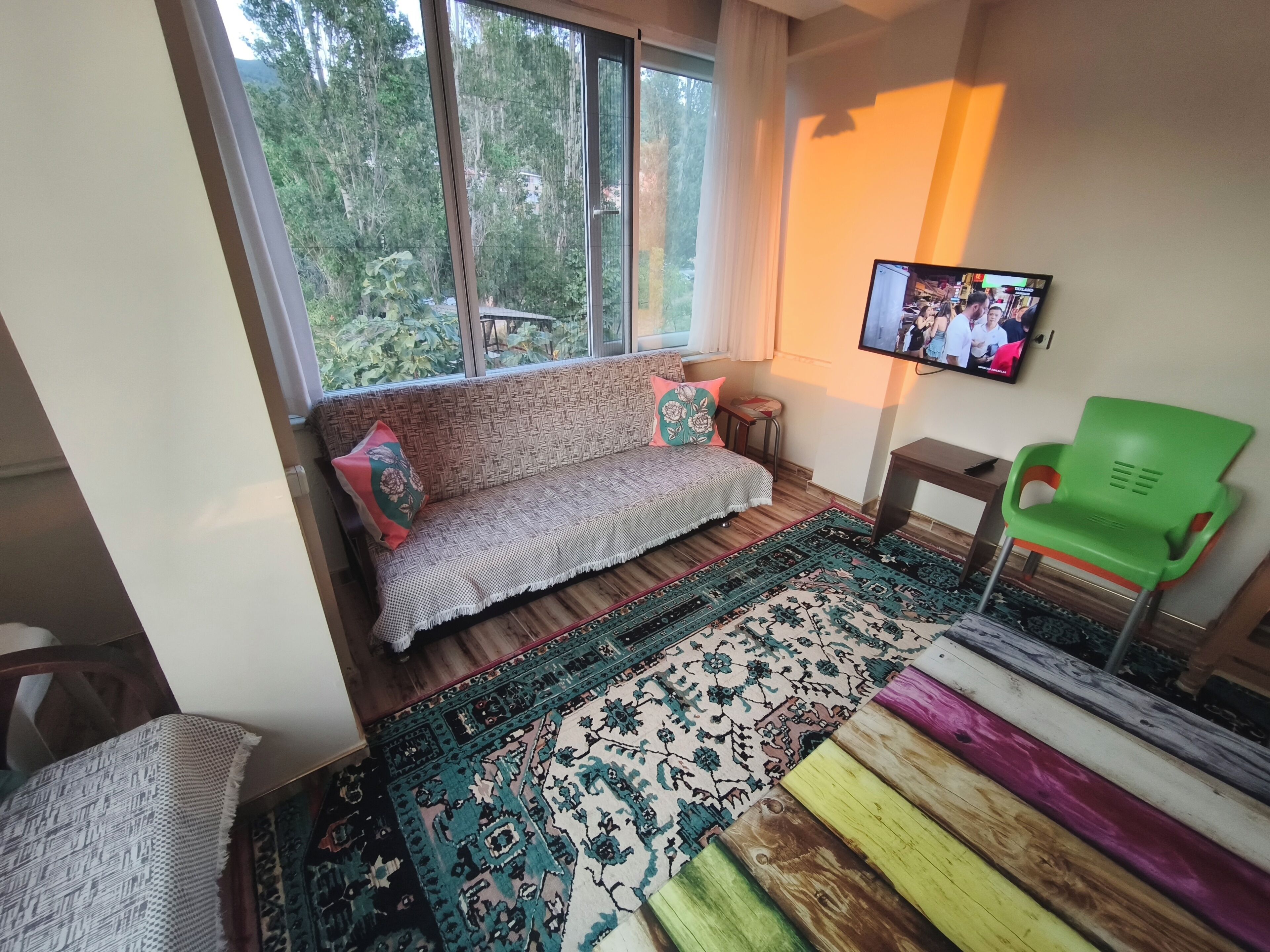 Une pièce comprenant un canapé, un téléviseur, un fauteuil vert et un tapis à motifs.