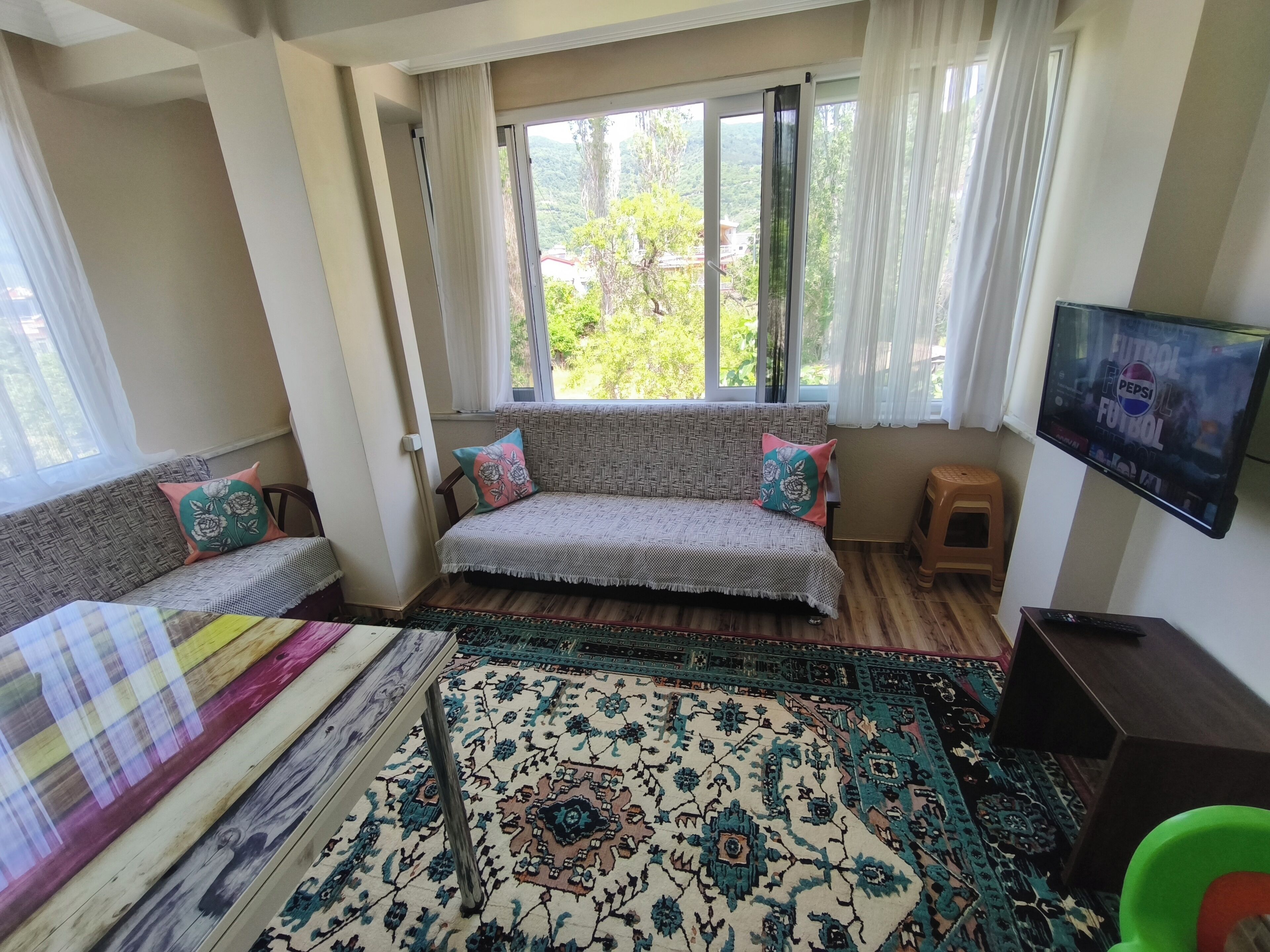 Apartamento junior, cocina, vistas al jardín | Zona de estar | Televisión de pantalla plana de 82 cm con canales por satélite