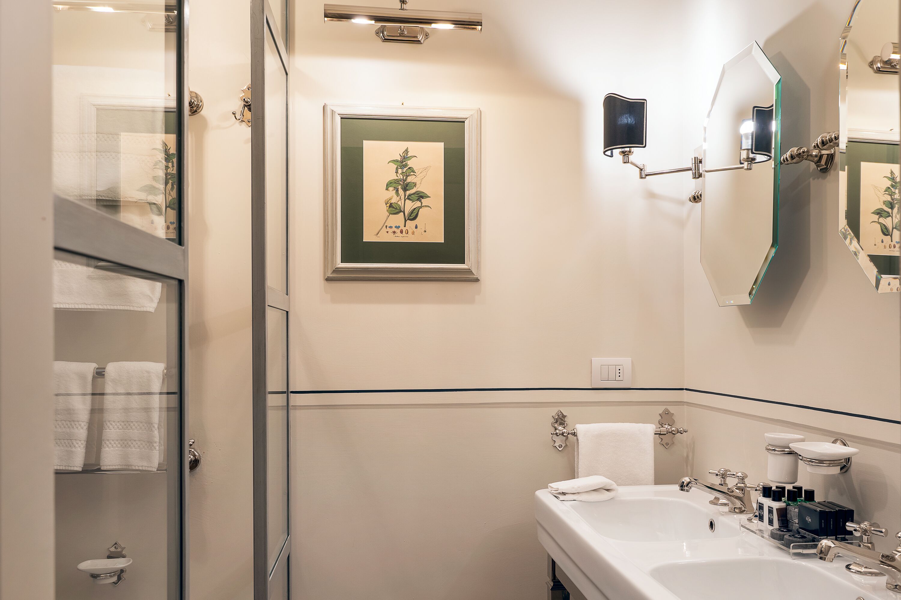 Een moderne badkamer met een glazen douchecabine, een grote spiegel en een ingelijste botanische illustratie aan de muur.