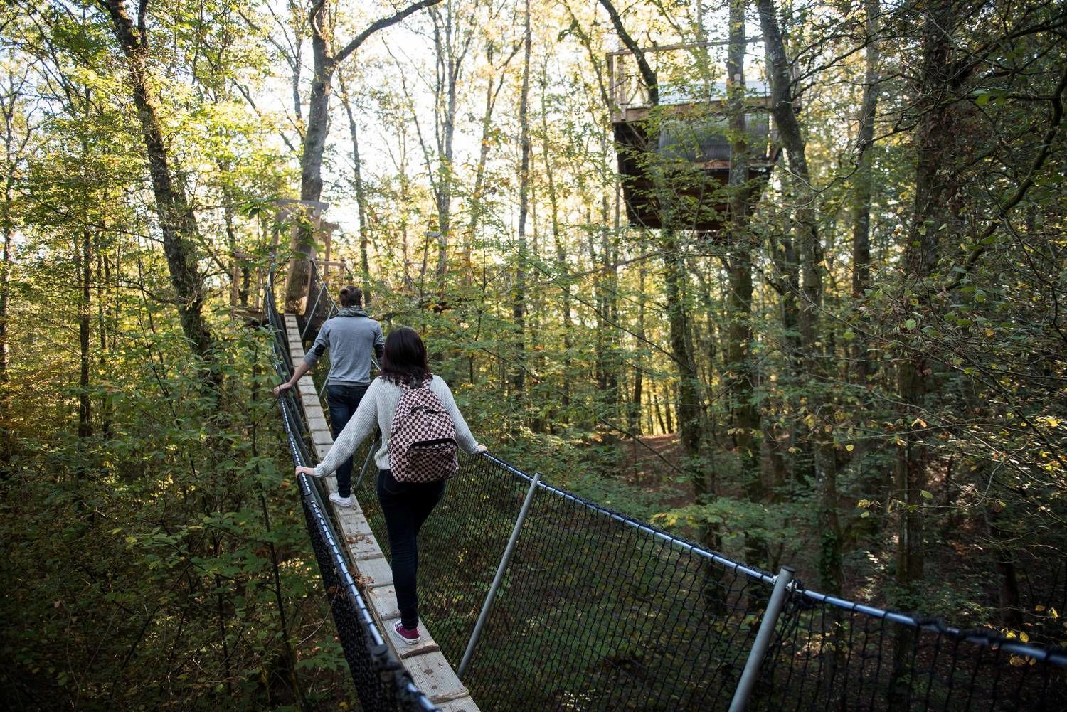 A suspension bridge in a forested area with two people walking on it.