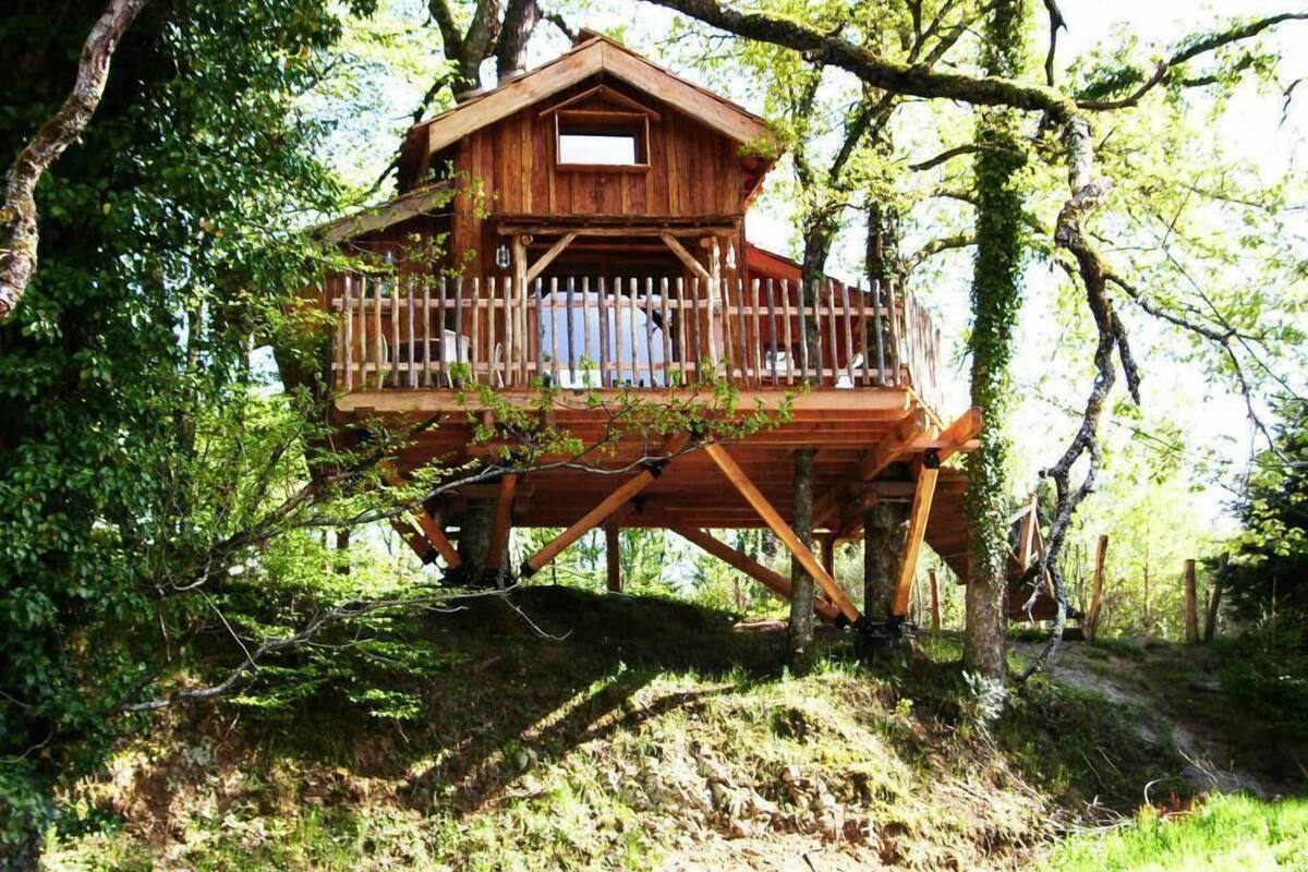 A wooden treehouse with a balcony, surrounded by trees and greenery.