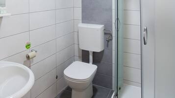 A bathroom with a toilet, sink, and glass shower enclosure.