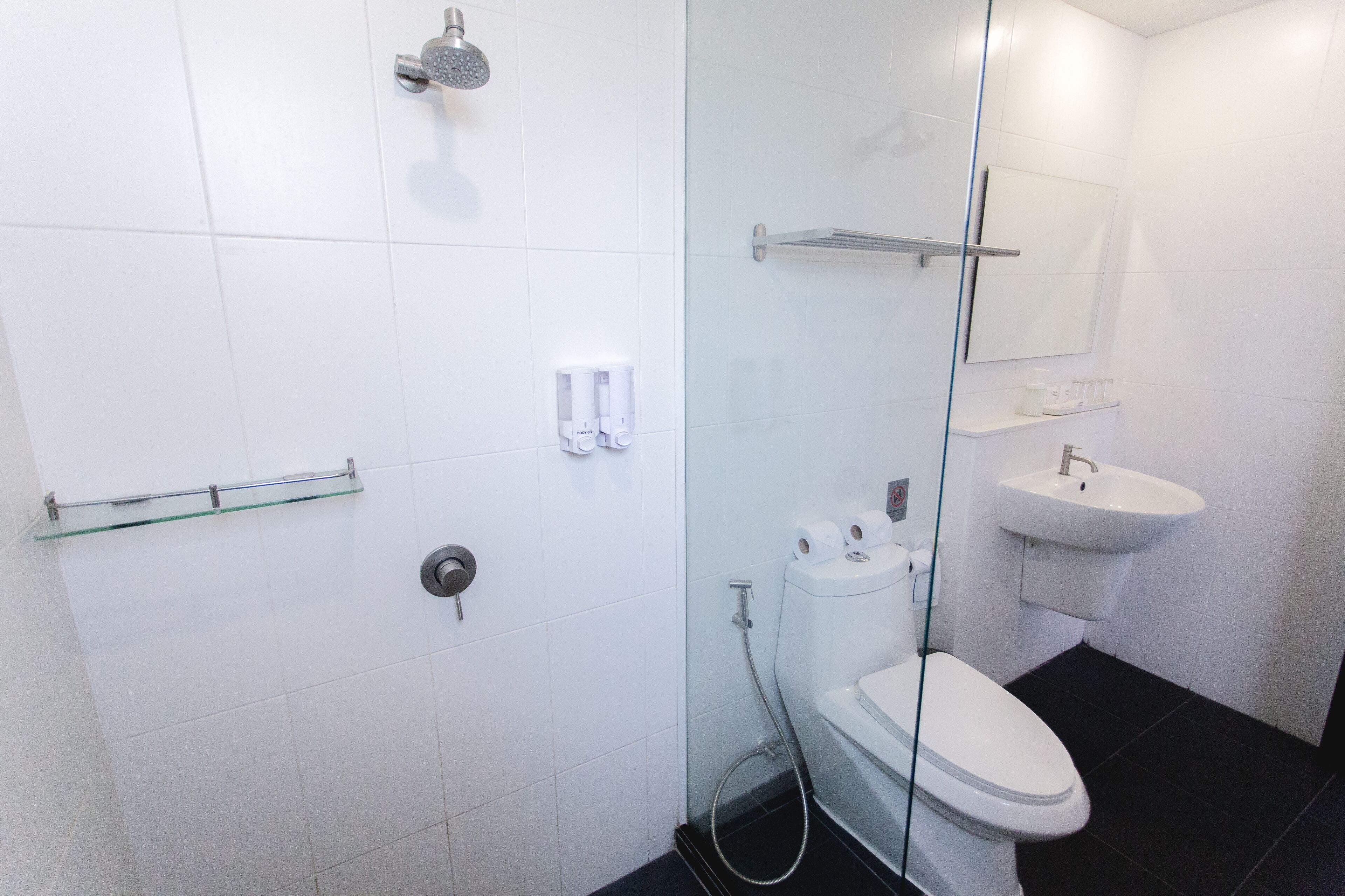 A modern bathroom with a glass shower enclosure, a toilet, and a sink.