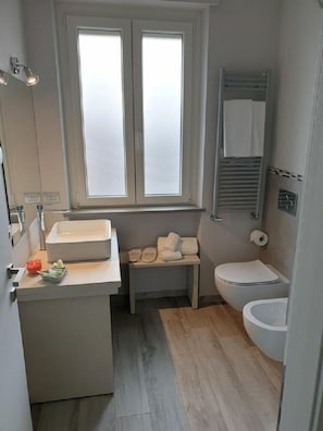 Shower, free toiletries, hair dryer, slippers