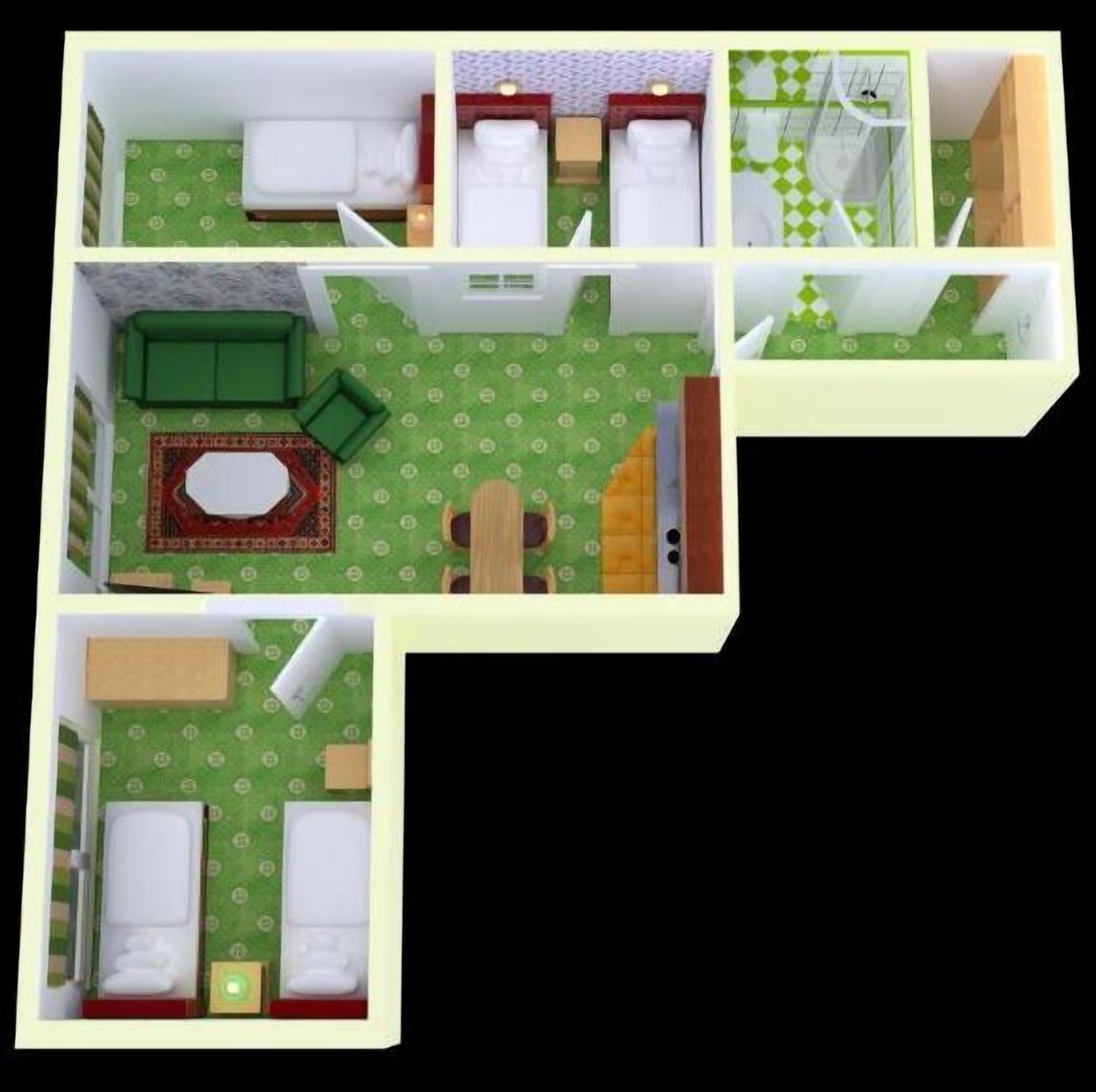 Plano de una habitación de hotel con cama, zona de estar con sofá y mesa, baño y pequeña cocina.