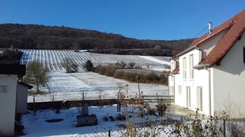 A rural landscape with snow-covered fields and a building with a red roof.