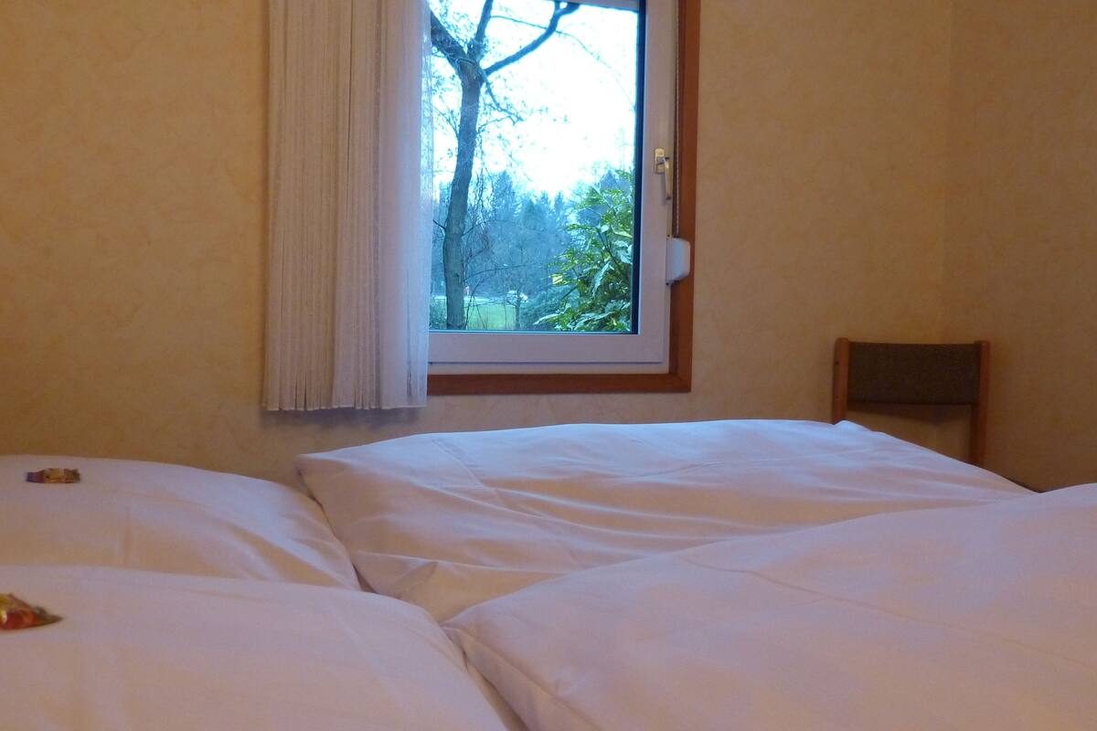 Hotellihuone, jossa on kaksi sänkyä, ikkuna, josta avautuu näkymä puita kohti, ja puinen pääty.