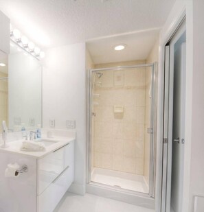 Bathtub, hair dryer, shampoo
