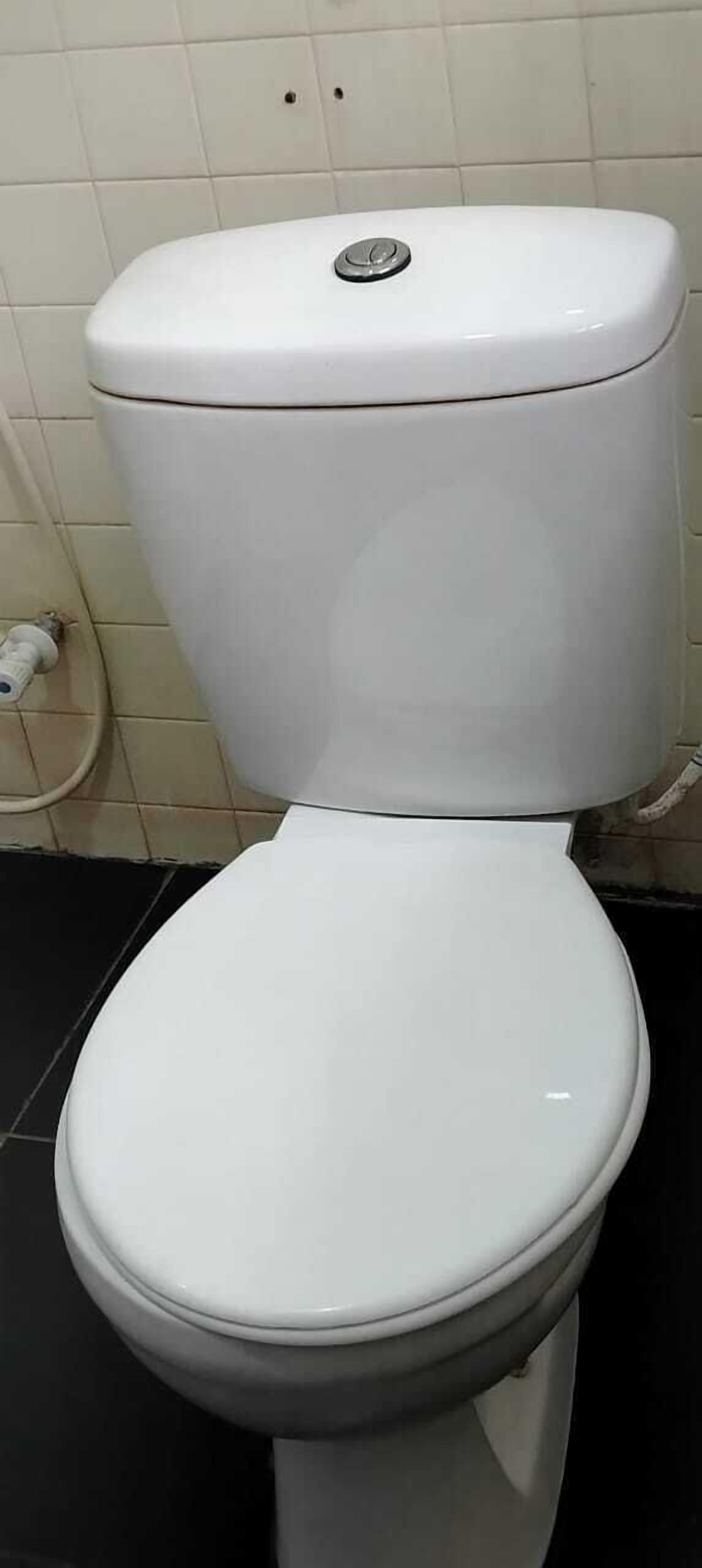 Een wit toilet met gesloten deksel, een zichtbare spoelhendel en een tank met een bedieningsknop.