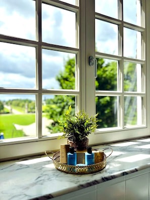 A window with a view of greenery, a potted plant, and a tray with bottles. - Kasteel Pietersheim Maastricht - Lanaken (Lanaken)