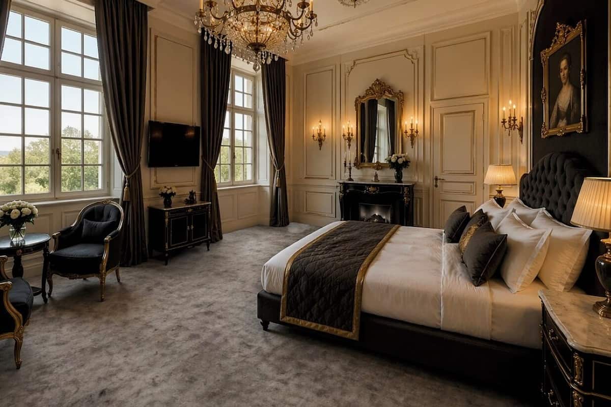 A luxurious bedroom with a large bed, a chandelier, a television, and a fireplace.