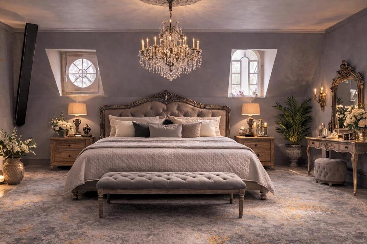 A bedroom with a large bed, a chandelier, two windows, a vanity, and a mirror.