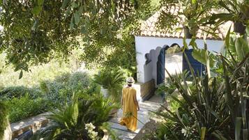 A garden pathway leading to a building with a tiled roof and a blue door.