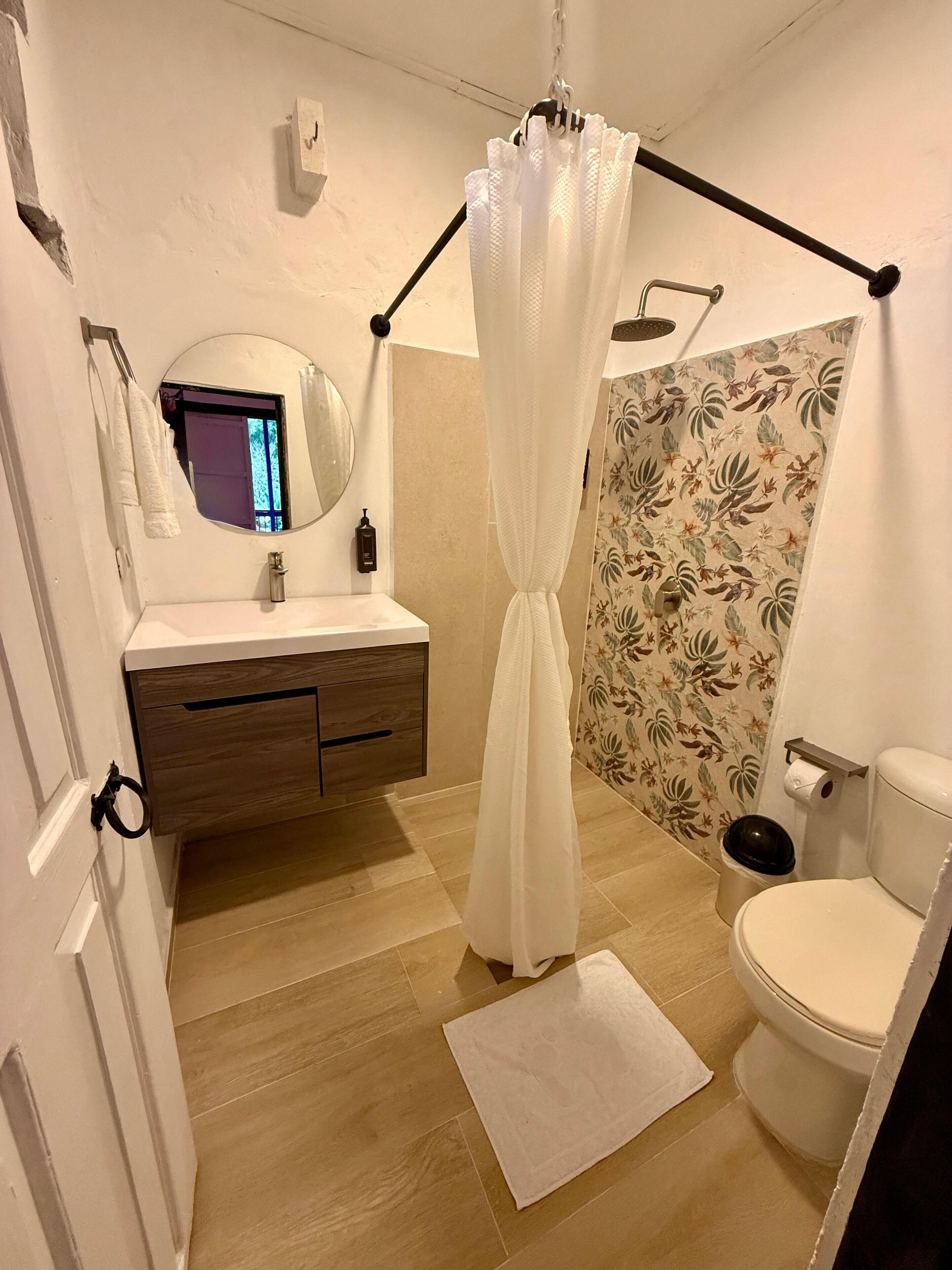 shower, rainfall showerhead, towels