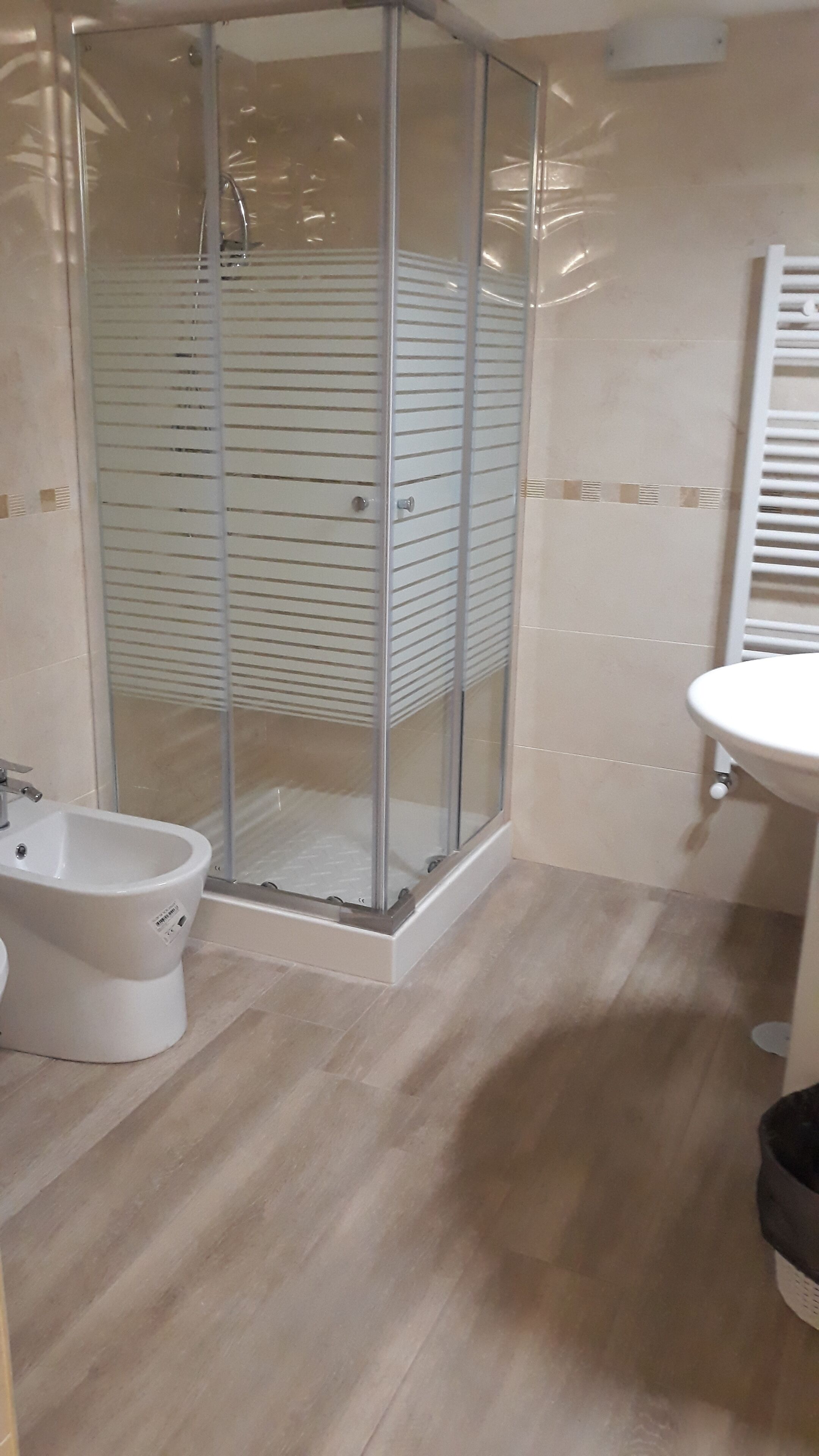 A bathroom with a glass-enclosed shower, a bidet, and a sink.