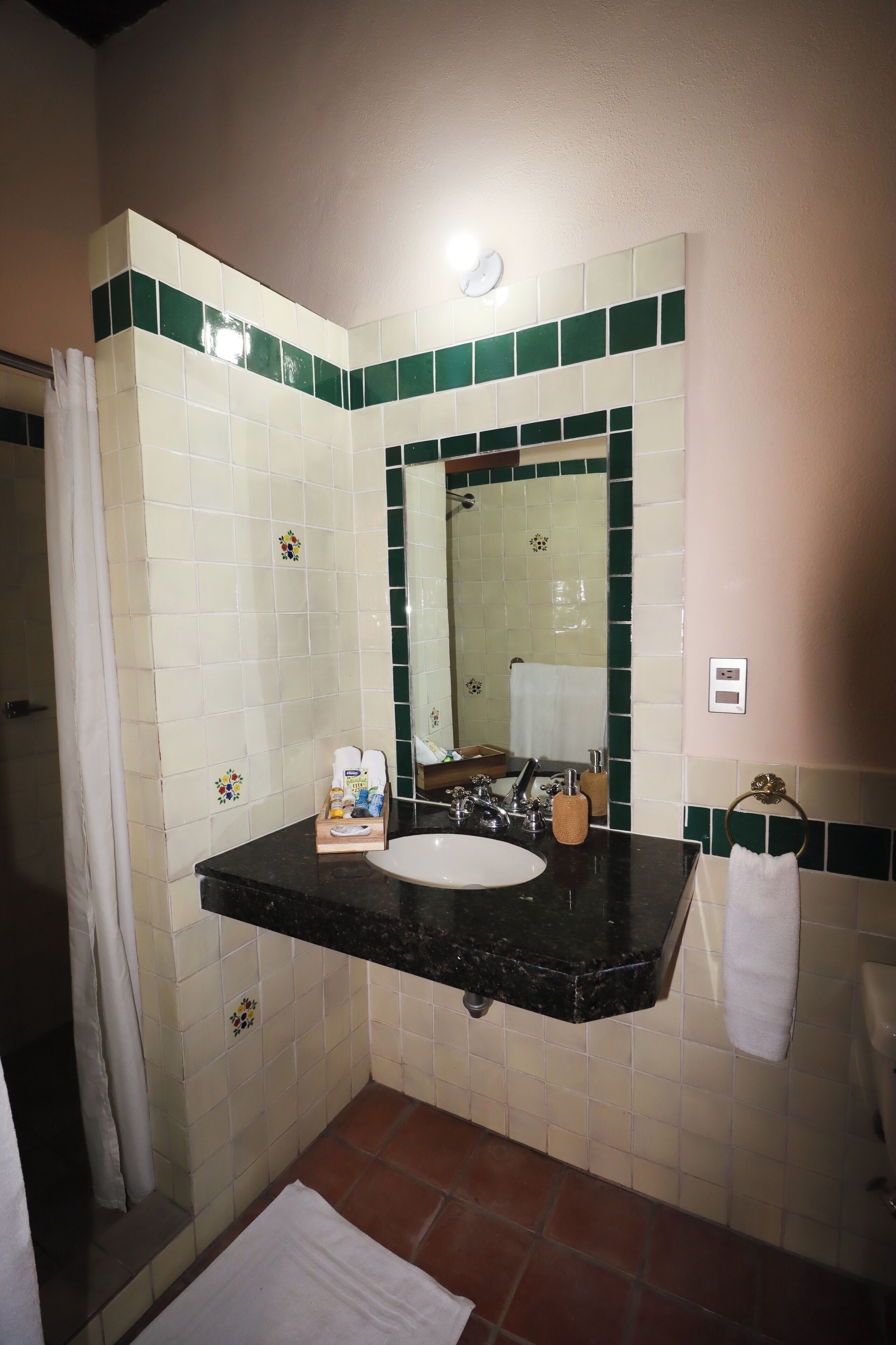 Une salle de bain avec un lavabo, un miroir et une douche.