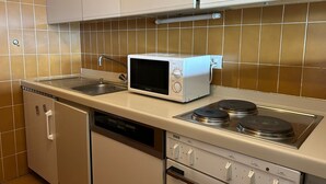 A compact kitchen with a microwave, sink, dishwasher, and stove. - Diablerets D 012 -MOUNTAIN studio 4 pers (Veysonnaz)