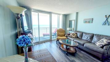 Televisión, chimenea, reproductor de DVD y videoteca