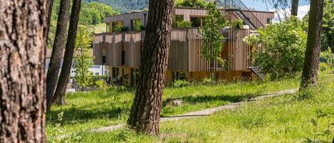 A modern building with a wooden facade, surrounded by trees and a mountain in the background.