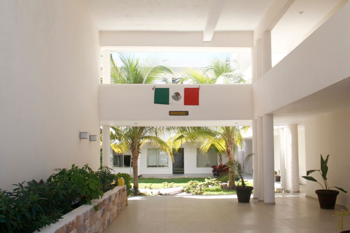 Un vaste espace intérieur doté d’un haut plafond, un espace central ouvert donnant sur un bâtiment à l’extérieur, et un drapeau suspendu au plafond.