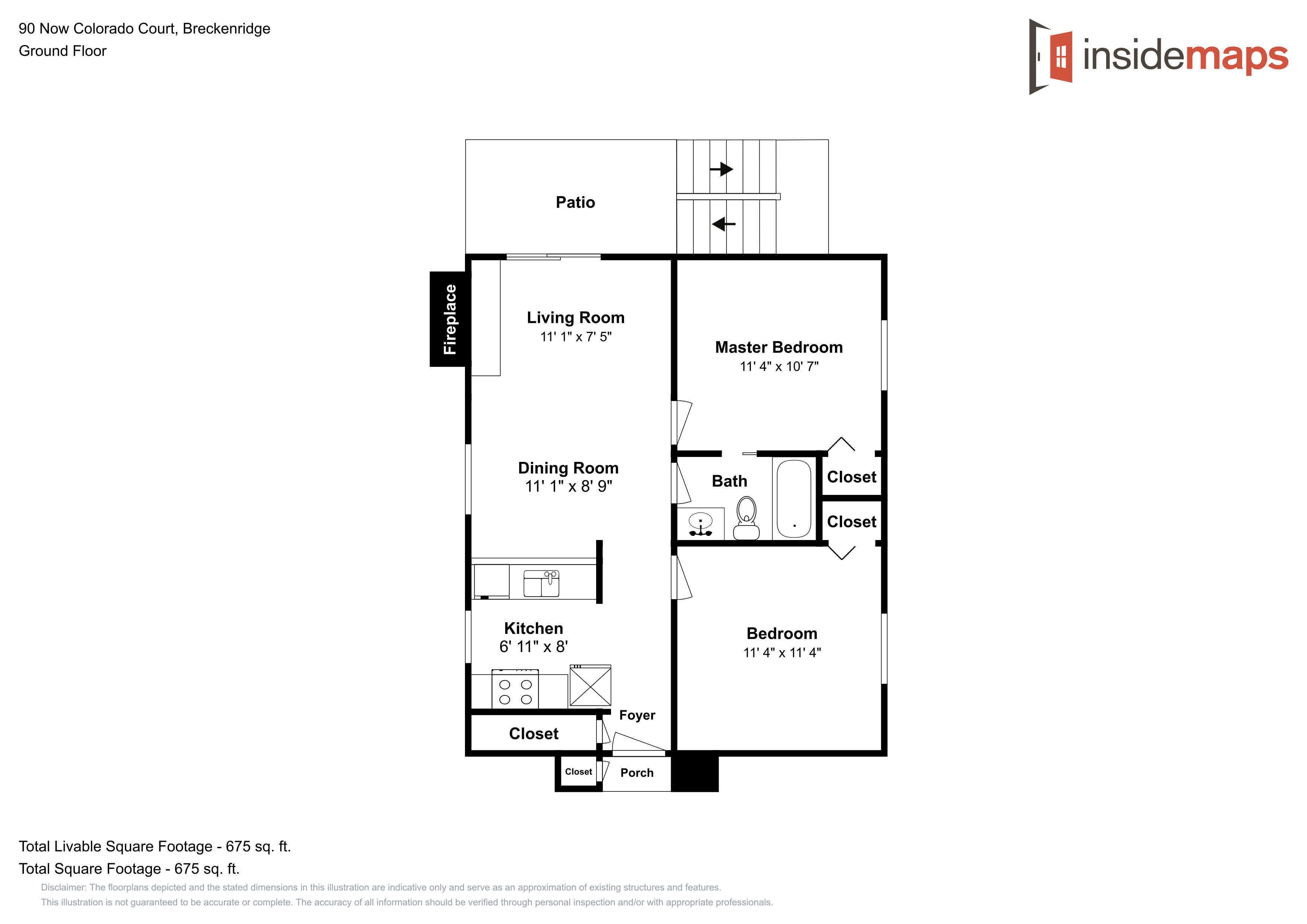 A floor plan of a ground floor apartment at 90 Now Colorado Court, Breckenridge, including a patio, living room, master bedroom, dining room, kitchen, bathroom, and two closets. Total livable square footage is 675 sq. ft.