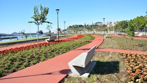 Un chemin recouvert d’un revêtement rouge, bordé de parterres de fleurs et de petits arbres.