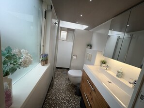 Shower, hair dryer, towels, soap