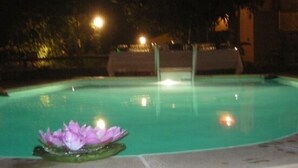 A swimming pool at night with a lotus flower on the edge. - Casa rural Villa Caya for 4 people (Orotava (La))