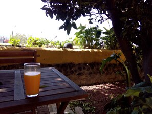 A wooden table with a glass of orange juice, a stone wall, and greenery in the background.
