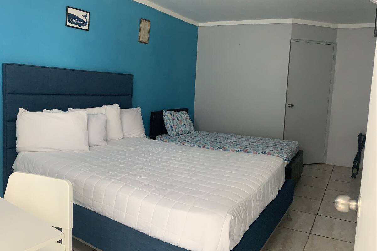 A bedroom with a large bed, a smaller bed, a chair, and a door.