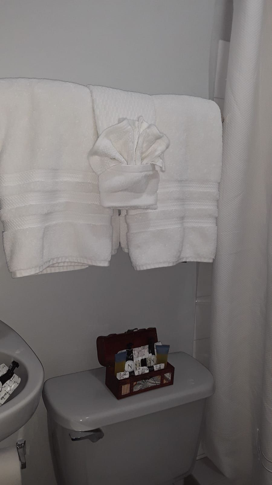 A bathroom with a white towel hanging on a rack, a toilet, and a small box with items on top of the toilet.