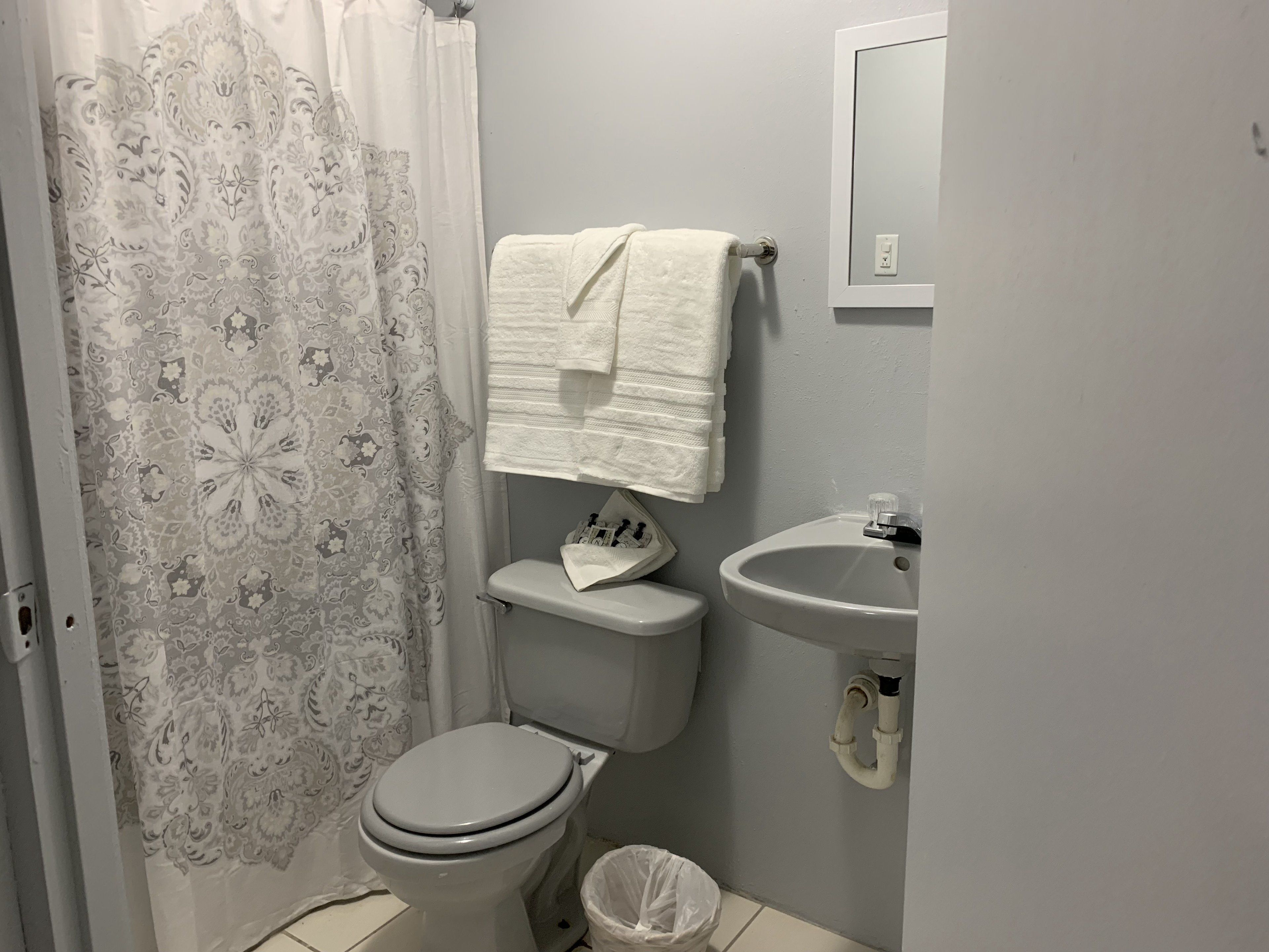 A bathroom with a toilet, a sink, a shower curtain, and a towel hanging on the wall.