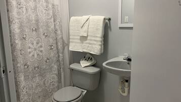A bathroom with a toilet, a sink, a shower curtain, and a towel hanging on the wall.